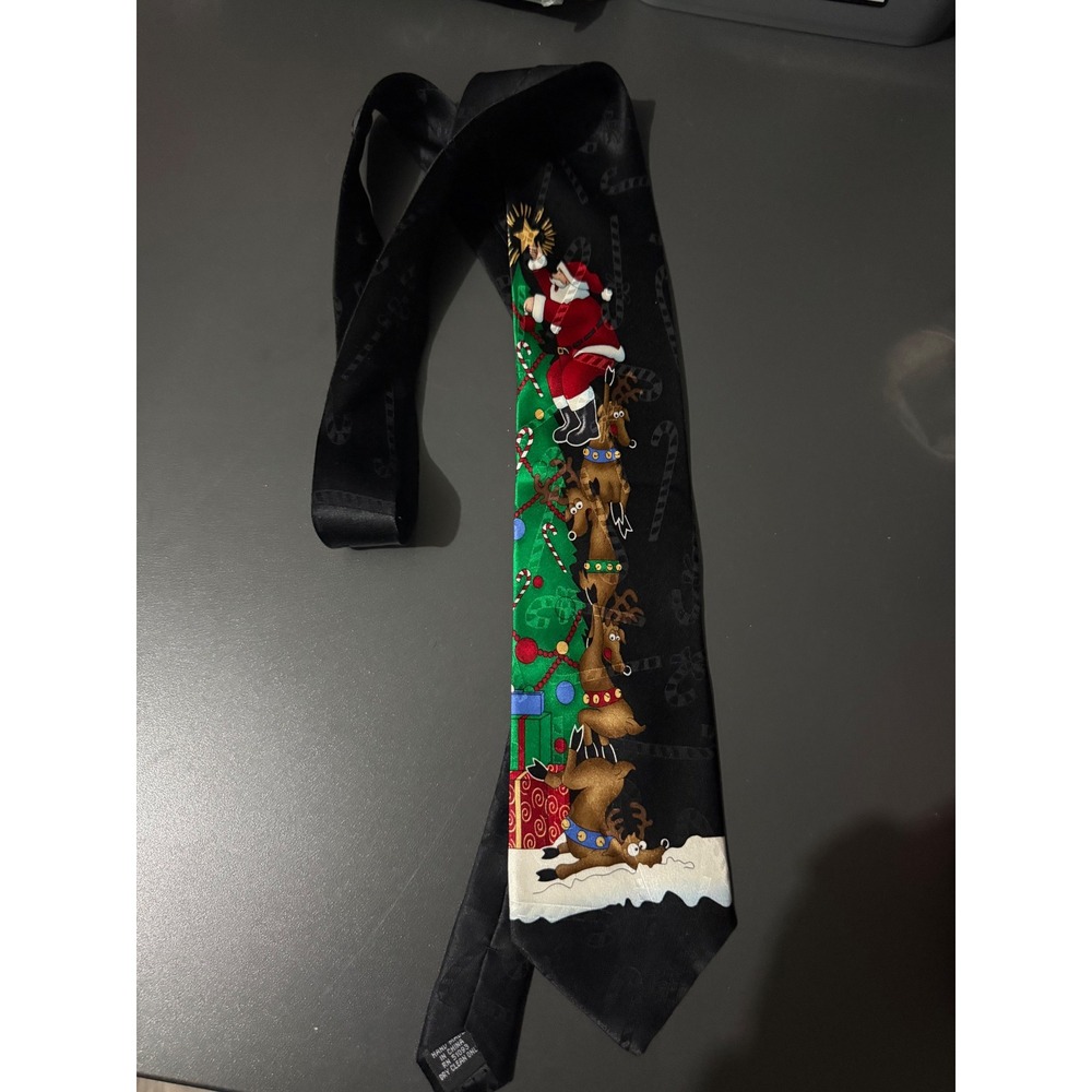 Hallmark Yule Tie Greetings Mens Silk Christmas Tie Santa Reindeer Black Green